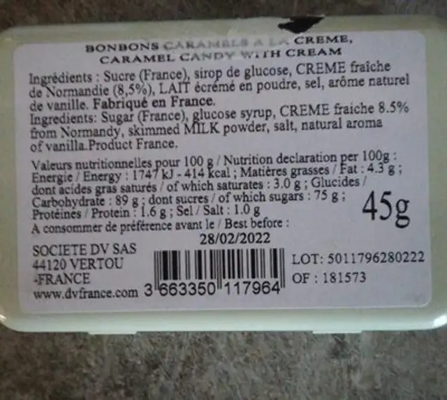 Bonbon caramel à la crème nutrition facts table
