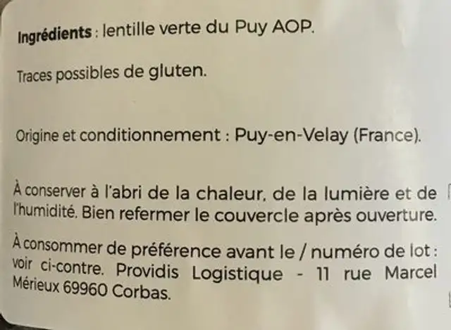 Lentille Verte du Puy AOP ingredients label