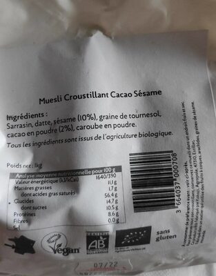 Muesli croustillant Cacao Sésame front packaging