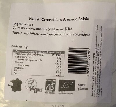 Muesli croustillant amande raisin