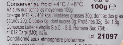 Parmesan en copeaux AOP nutrition facts table