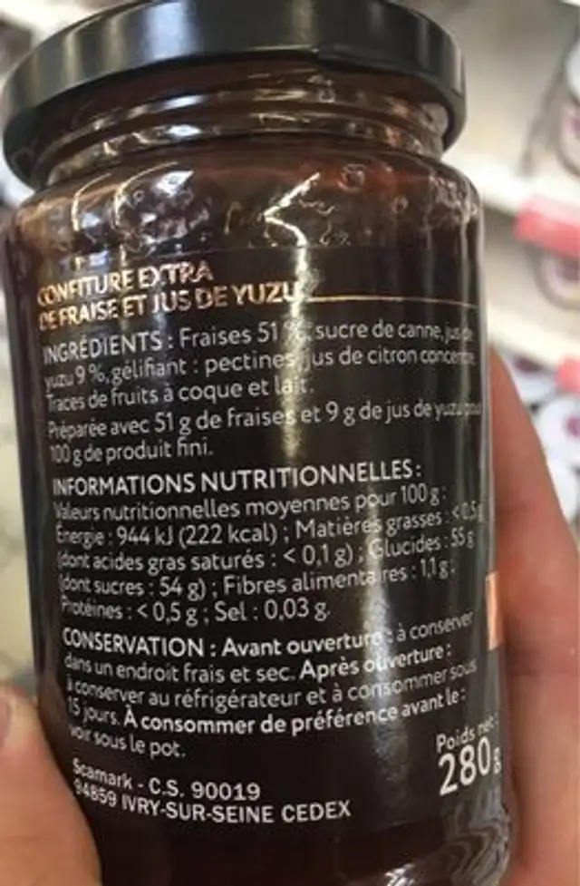 Confiture extra fraise yuzu ingredients label