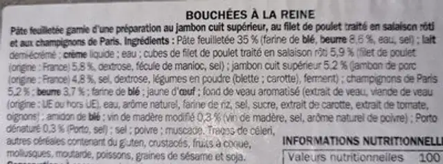 Bouchées à la reine ingredients label
