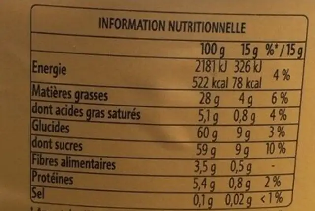 Patte a tartinee noisette et cacao nutrition facts table
