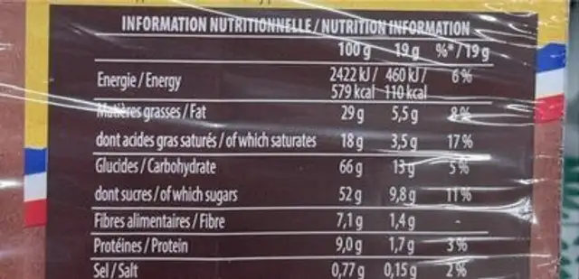 Chocolat noir nutrition facts table