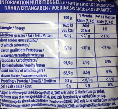 Menthe claire bonbon glacon nutrition facts table