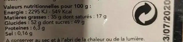 Noisettes trois chocolats nutrition facts table