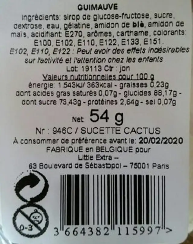 Guimauve nutrition facts table