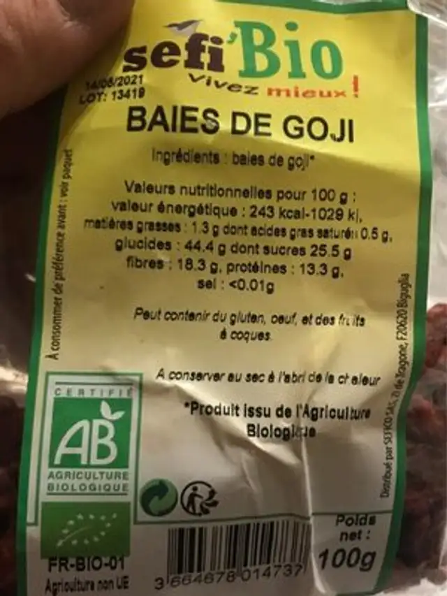 Baies de goji nutrition facts table