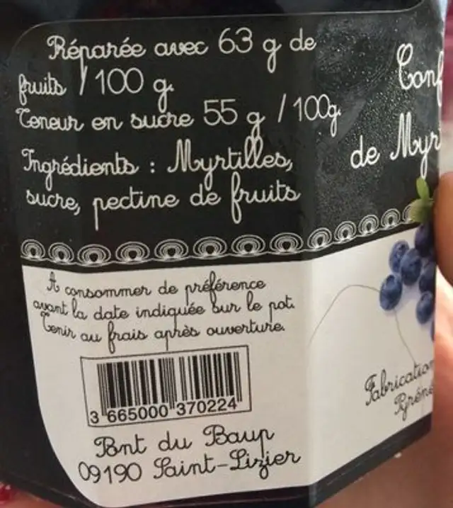 Confiture extra de myrtilles sans pepins ingredients label