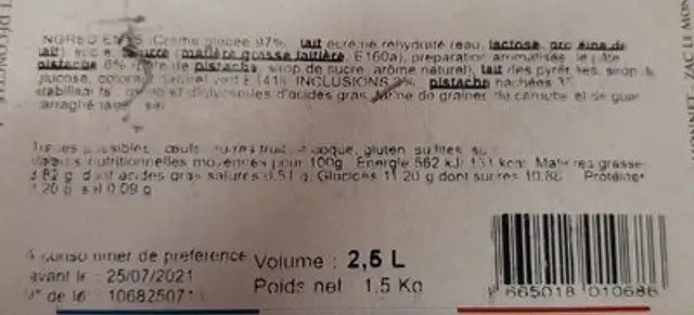 Glaces nutrition facts table