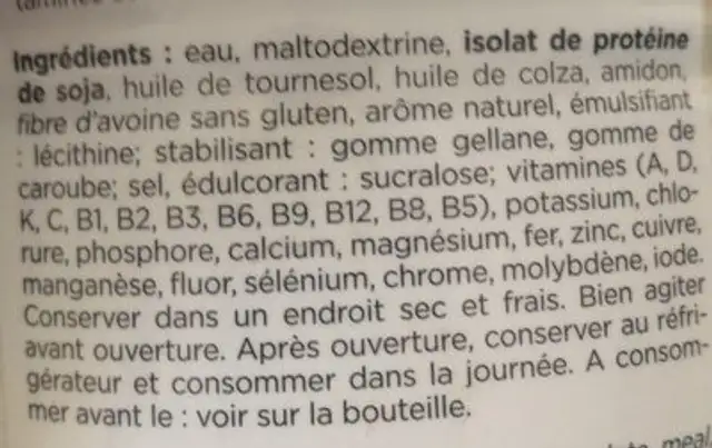 Prêt à boire Vanille ingredients label