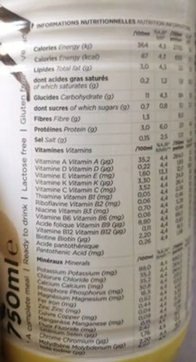 Prêt à boire Vanille nutrition facts table