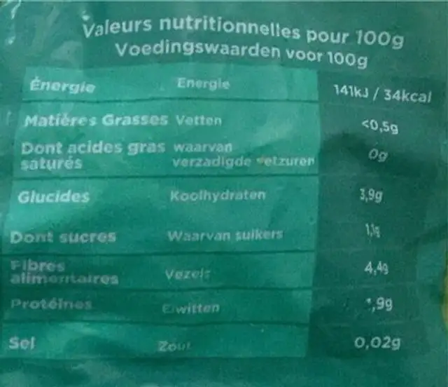 Haricots verts très fins nutrition facts table