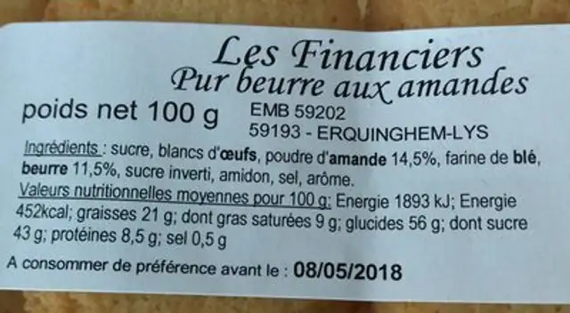 Financiers pur beurre aux amandes ingredients label