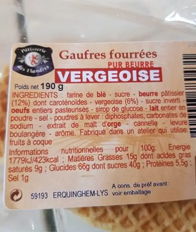 Gaufres fourrées Vergeoise ingredients label