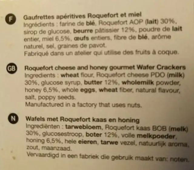 Gaufrette apéritif roquefort et miel ingredients label