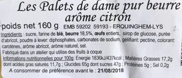 Palets de dame pur beurre arôme citron ingredients label