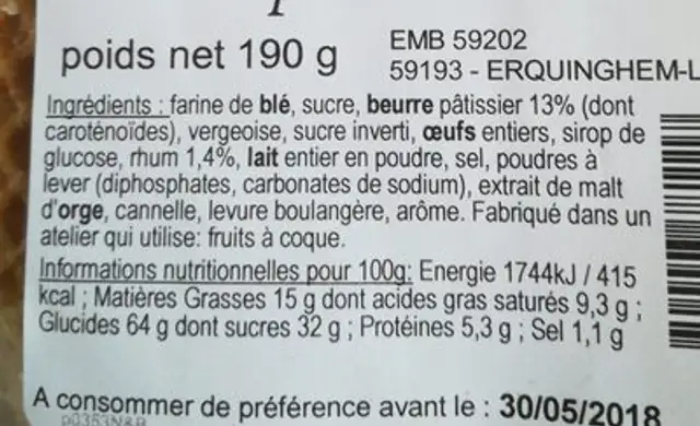 Gaufres fourrées rhum nutrition facts table