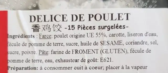 Délice de poulet ingredients label