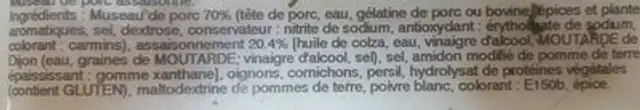 Museau de porc ingredients label