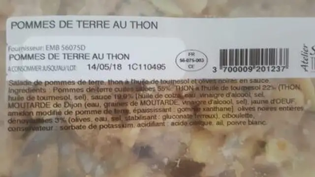 Pomme de terre au thons ingredients label