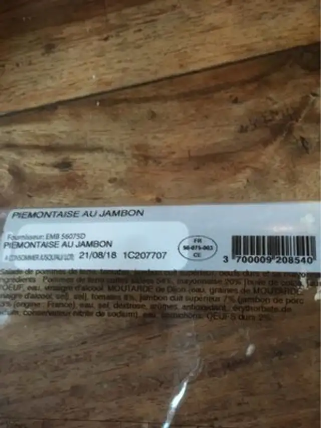 Piemontaise Au Jambon 1, 5 kg ingredients label