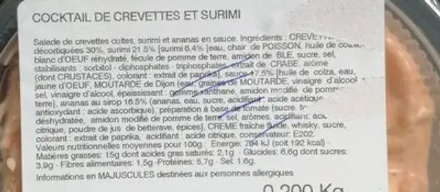 Cocktail de crevettes, la barquette de 200 g ingredients label