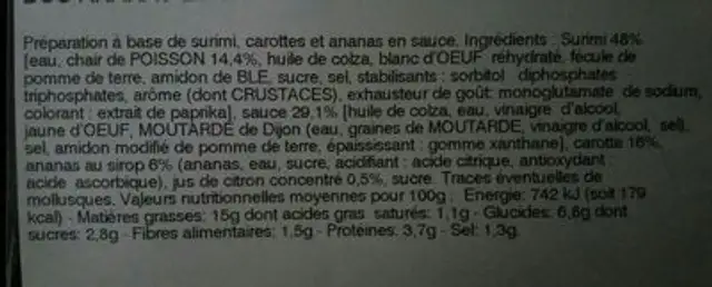 Duo ananas et carottes au surimi ingredients label