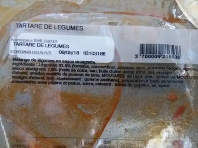 Tartare de legumes ingredients label