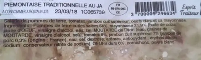 Piemontaise Traditionnelle au jambon cuit supperieur ingredients label