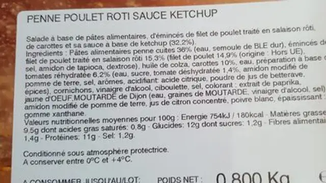 Penne poulet rôti sauce ketchup ingredients label