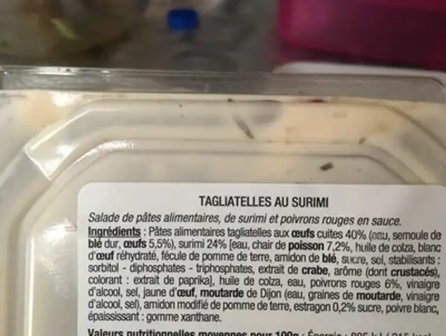 Tagliatelles au surimi ingredients label