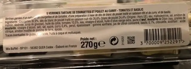 Verrines tartare de courgettes & poulet au curry ingredients label