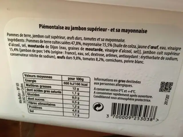 Piémontaise au jambon superieur et sa mayonnaise ingredients label