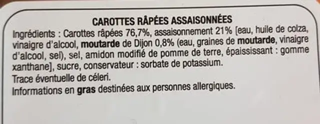 Carottes râpées assaisonnées ingredients label