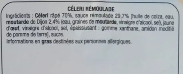 Céleri rémoulade ingredients label