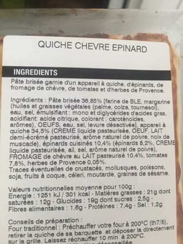 Quiche Chèvre Épinards ingredients label