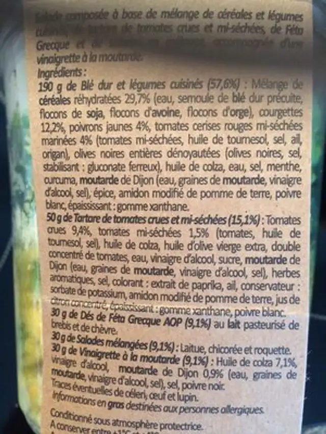 Salade céréales gourmandes crudités feta grecque ingredients label