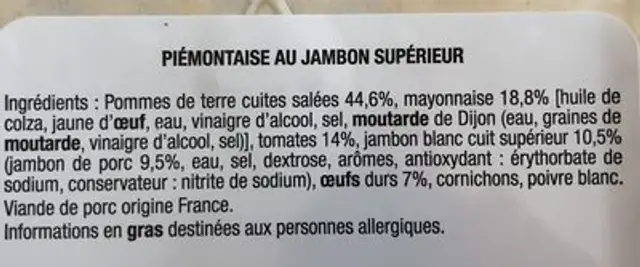 Piémontaise au jambon ingredients label
