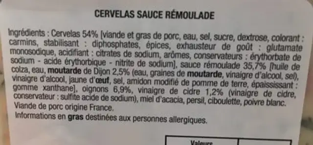 Cervelas sauce Rémoulade ingredients label