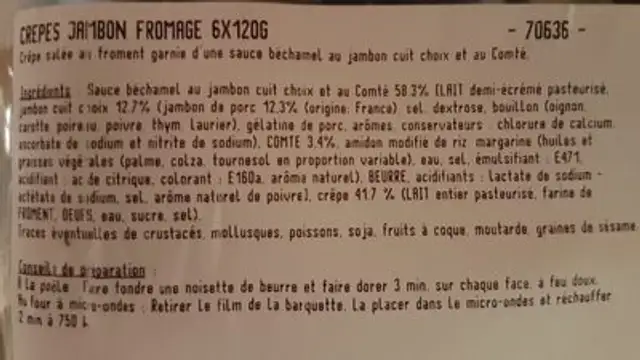 Crêpes jambon fromage ingredients label