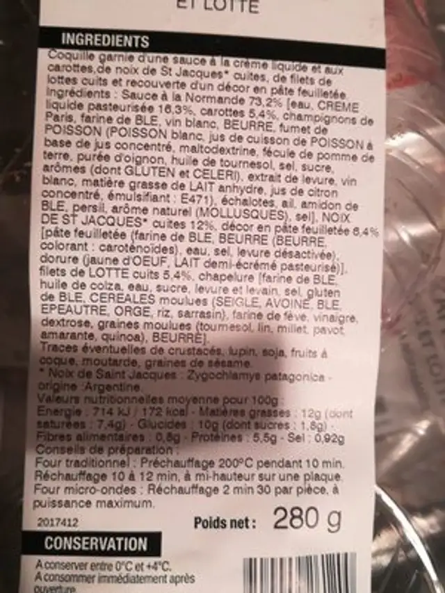 Coquille Saint jacques* et lotte ingredients label