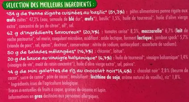 Jambon Speck Mozzarella bio ingredients label