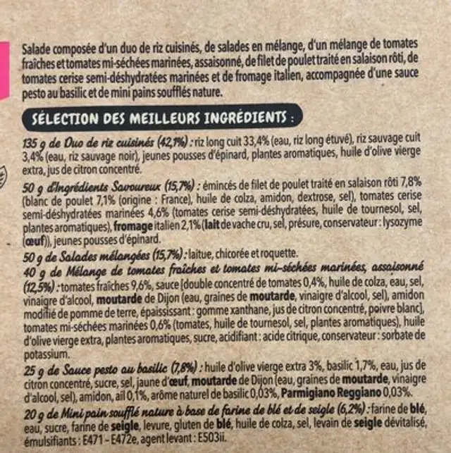 Salade Mezze Duo de riz crudités Poulet rôti, 320g ingredients label