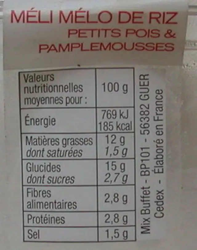 Meli melo de riz petits pois et pamplemousses nutrition facts table
