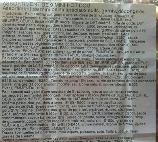 Assortiment 9 mini hot dog ingredients label