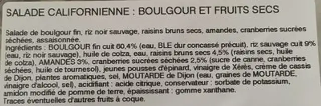 salade californienne : boulgour et fruits secs ingredients label