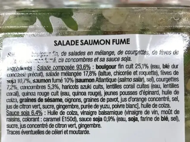 Salade saumon fumé ingredients label