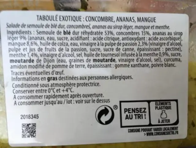 Taboulé Exotique ingredients label